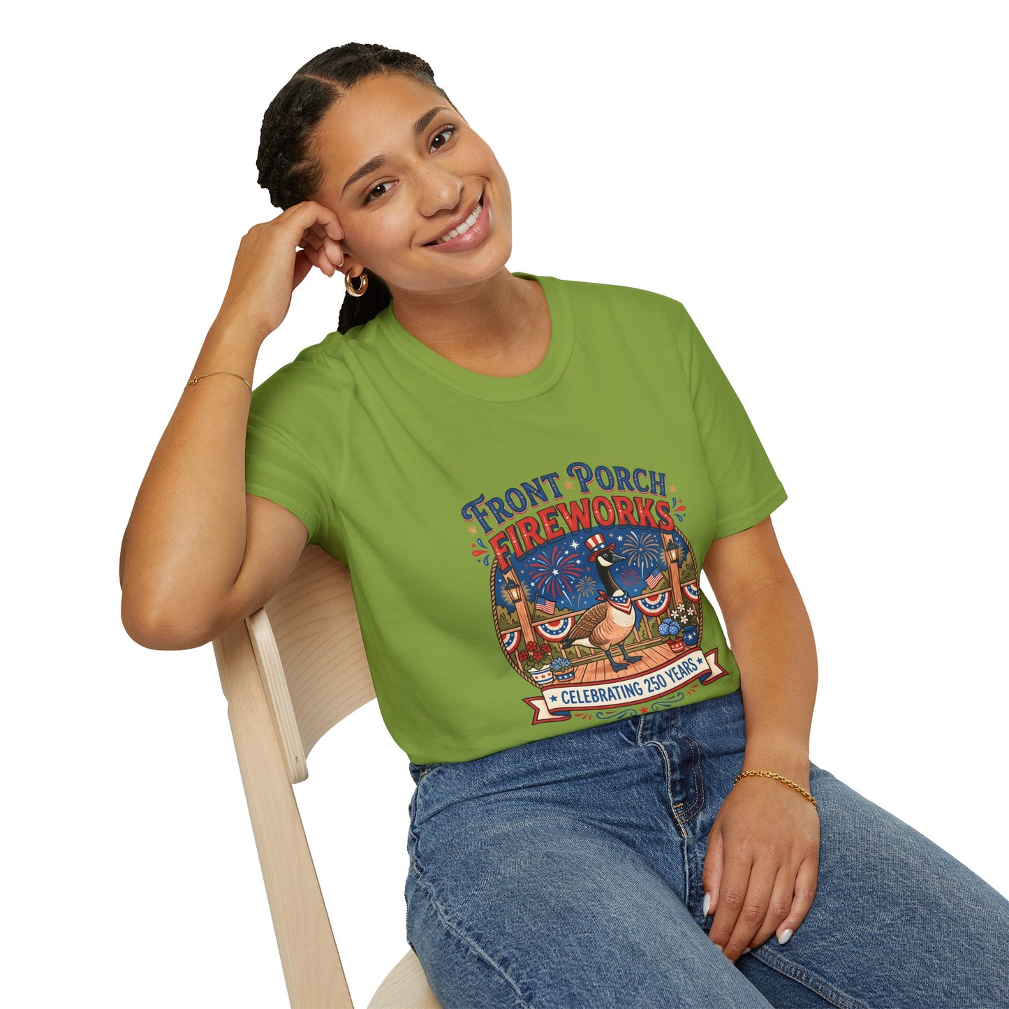 Front Porch Fireworks, Goose T-Shirt — Patriotic 4th of July Celebration Tee