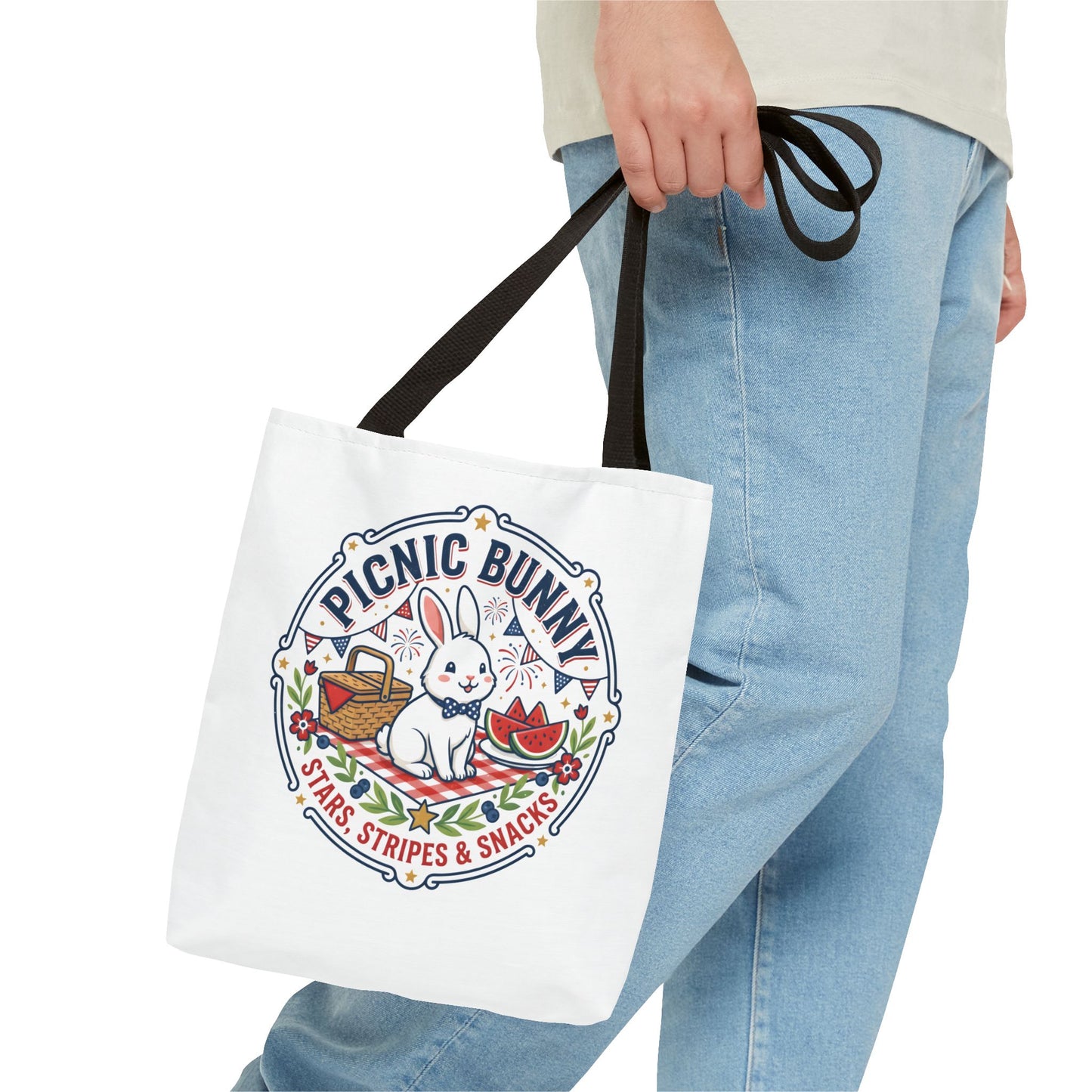 Patriotic Picnic Bunny Tote Bag — ‘Stars, Stripes & Snacks’ Cute Rabbit Picnic Tote, 4th of July Tote