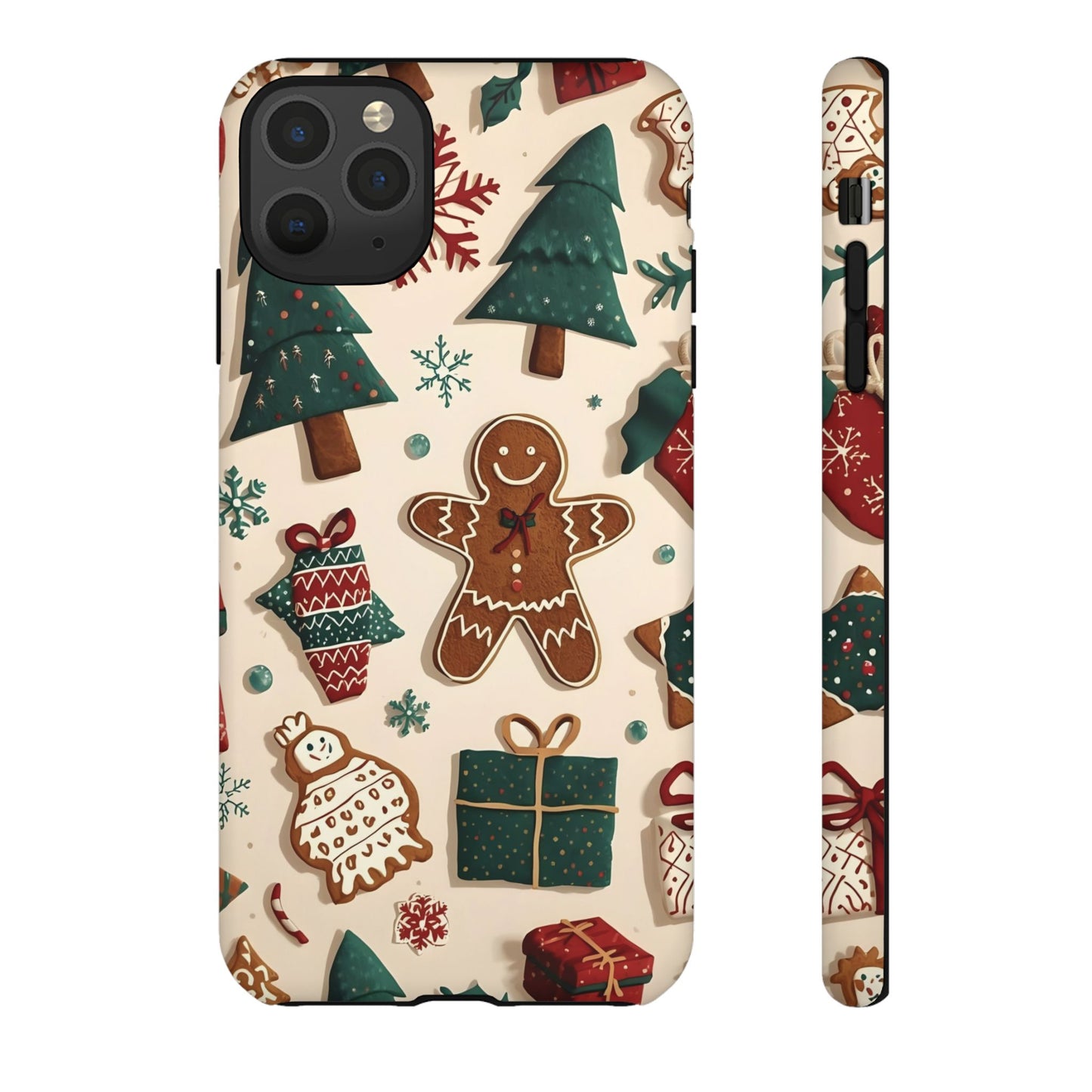 Christmas Phone Case with Gingerbread and Christmas Tree Design, Dual Layer Case for Iphone 17, 16, 15, 14, 13, 12, 11 & Samsung