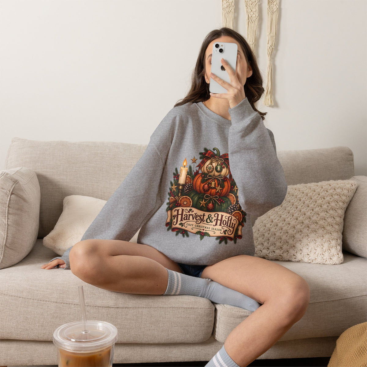 Harvest & Holly Crewneck Sweatshirt — Vintage Pumpkin Fall Graphic Sweatshirt