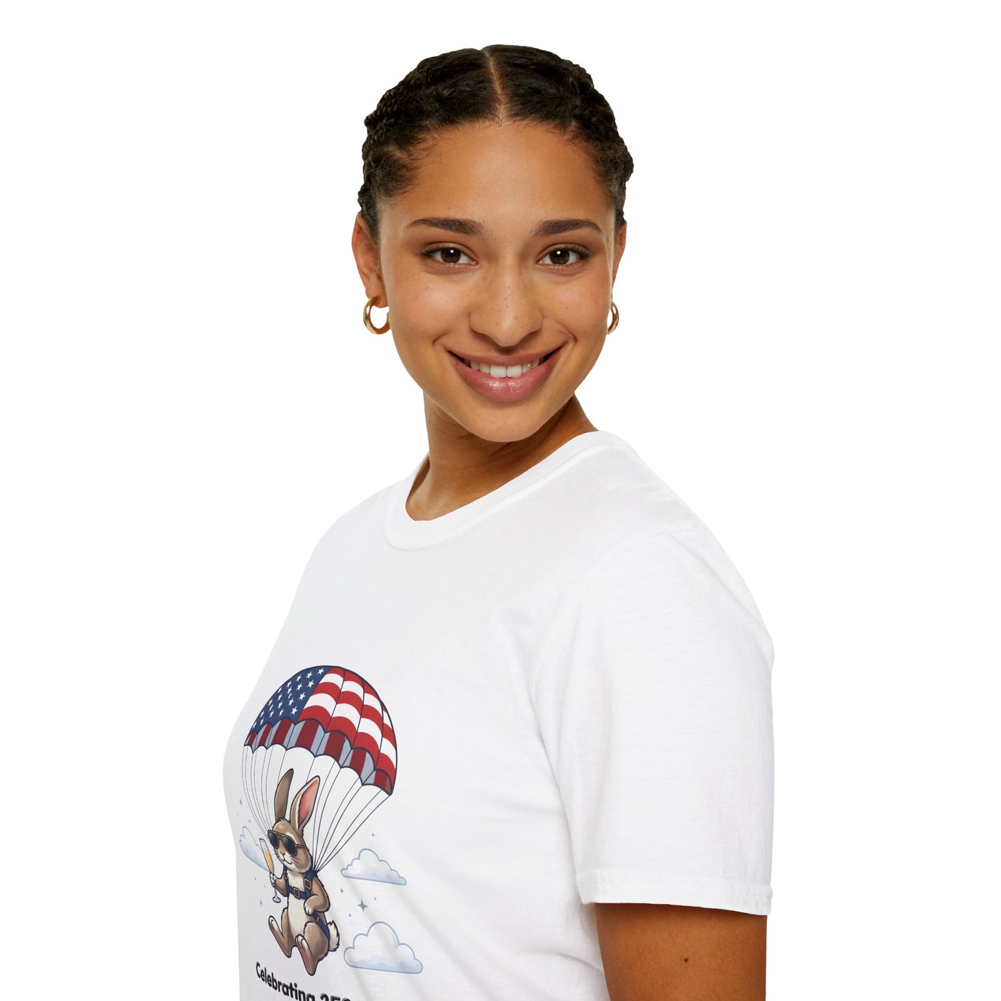 Patriotic Parachuting Bunny T-Shirt — "Celebrating 250 Years"