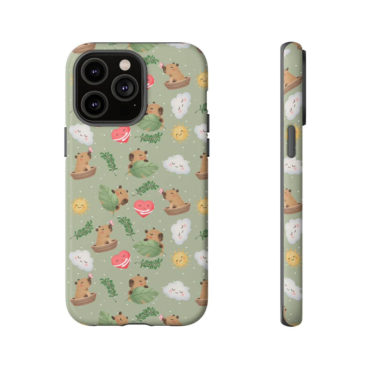 Cute Capybara Pattern Phone Case — Green Botanical Tough Case
