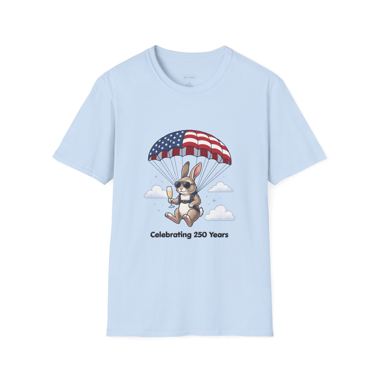 Patriotic Parachuting Bunny T-Shirt — "Celebrating 250 Years"