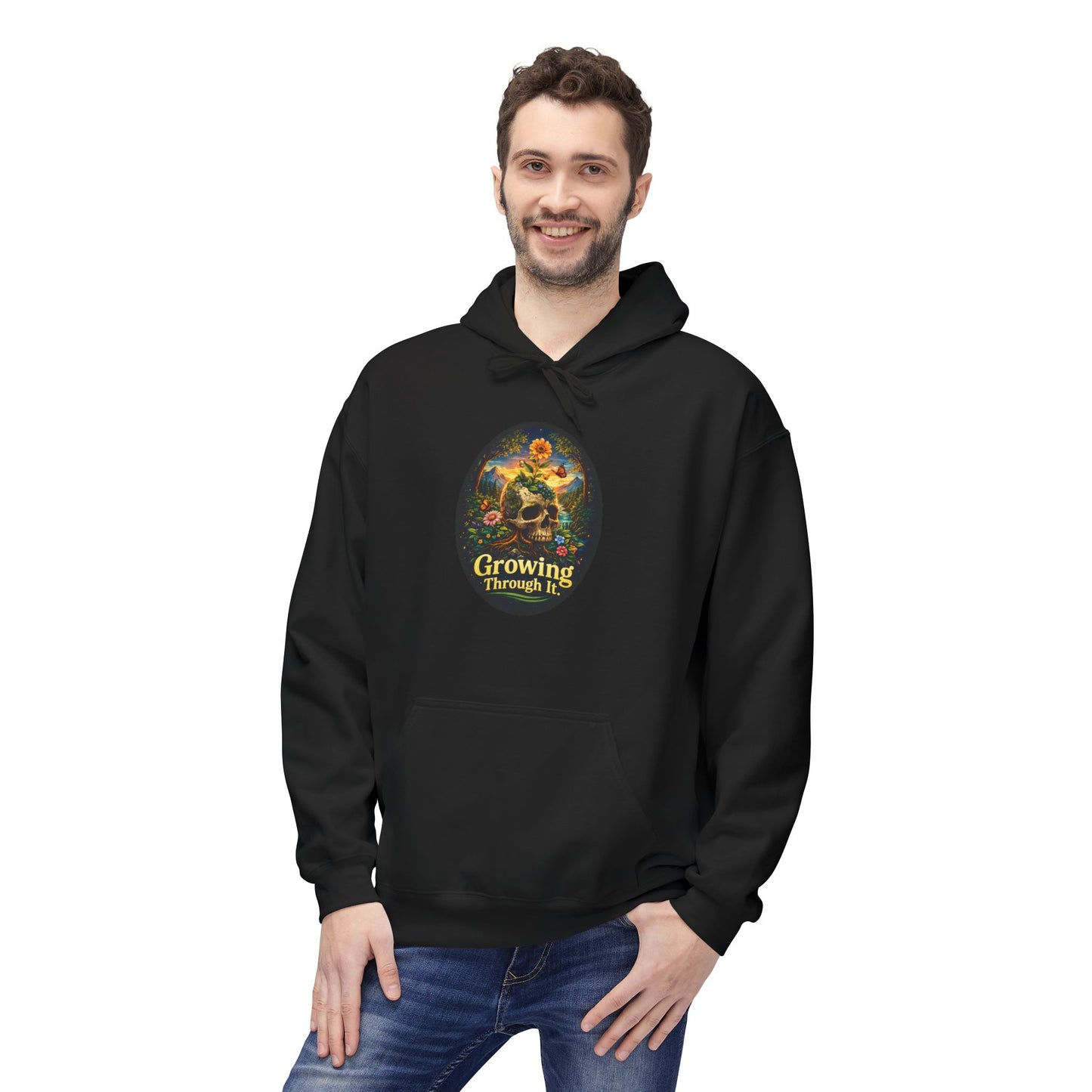 Growing Through It Hoodie – Earth Day Nature Skull Sweatshirt | Mental Growth & Healing Hoodie | Botanical Aesthetic Unisex Hoodie