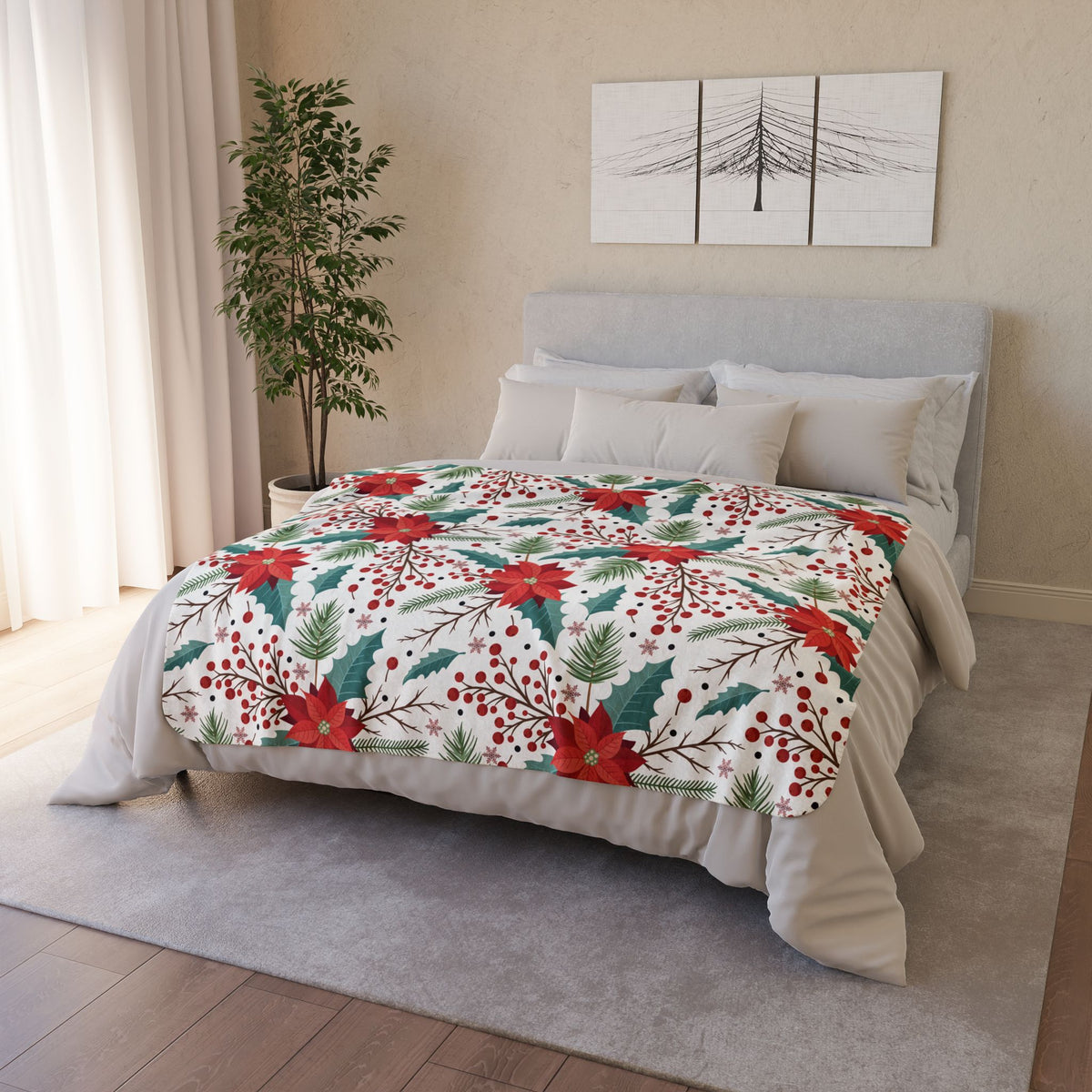 Poinsettia Holiday Fleece Sherpa Blanket - Cozy Christmas Throw with Festive Red & Green Floral Pattern