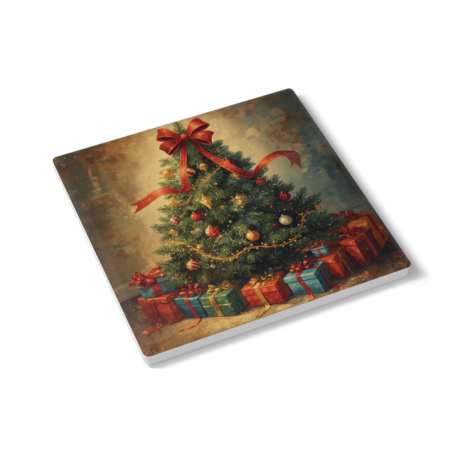 Vintage Christmas Tree Ceramic Coaster, Gift for Coffee Lovers