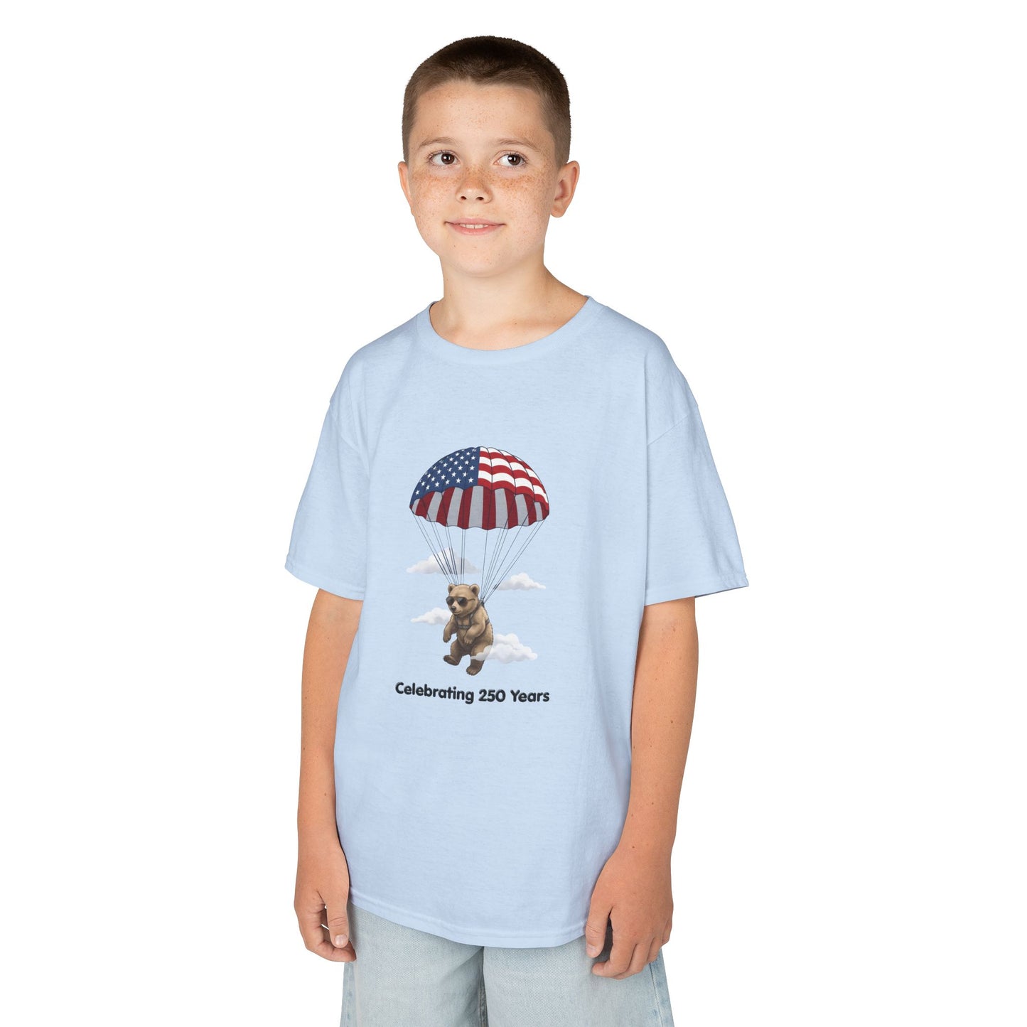 Kids Tee — Patriotic Parachute Bear "Celebrating 250 Years"