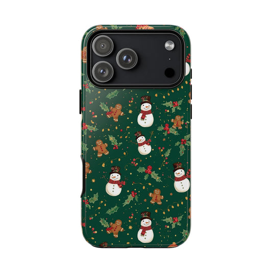 Christmas Phone Case with Snowmen and Gingerbread Design, Dual Layer Phone Case for Iphone 17, 16, 15, 14, 13, 12, 11 & Samsung
