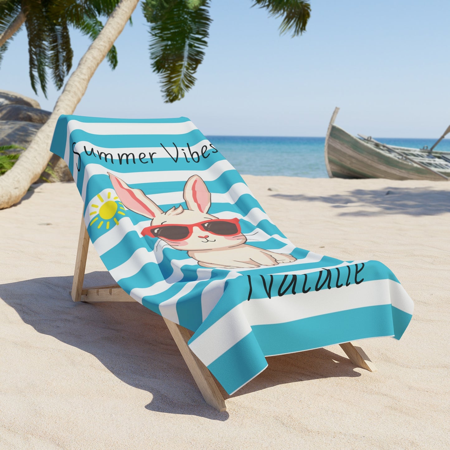 Personalized 'Summer Vibes' Bunny Beach Towel — Custom Name Towel