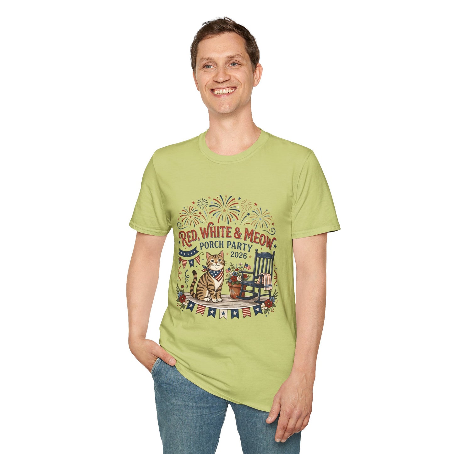 Red, White & Meow Porch Party T-Shirt — 2026 Patriotic Cat Tee, 4th of July Shirt, Independence Day Gift