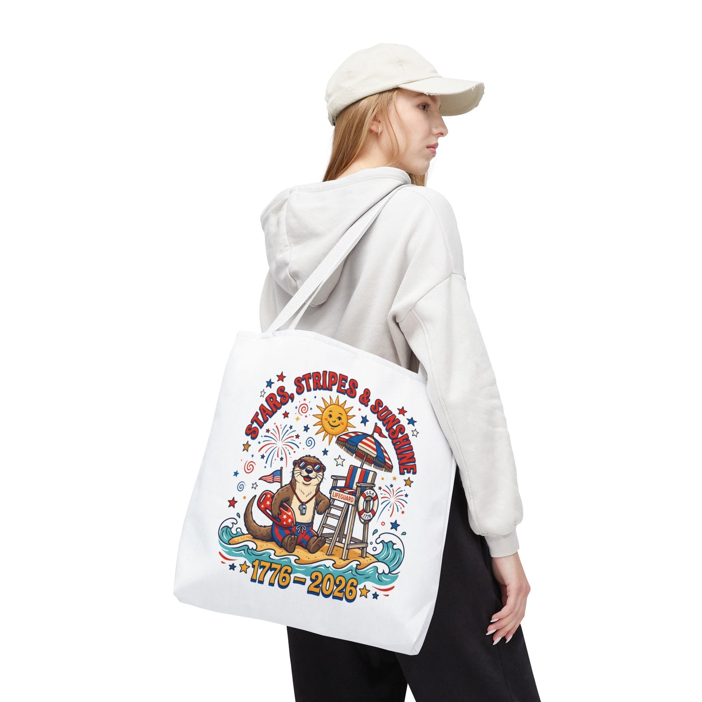 Stars, Stripes & Sunshine Tote Bag — 1776–2026 Patriotic Summer Beach Tote, 4th of July Tote