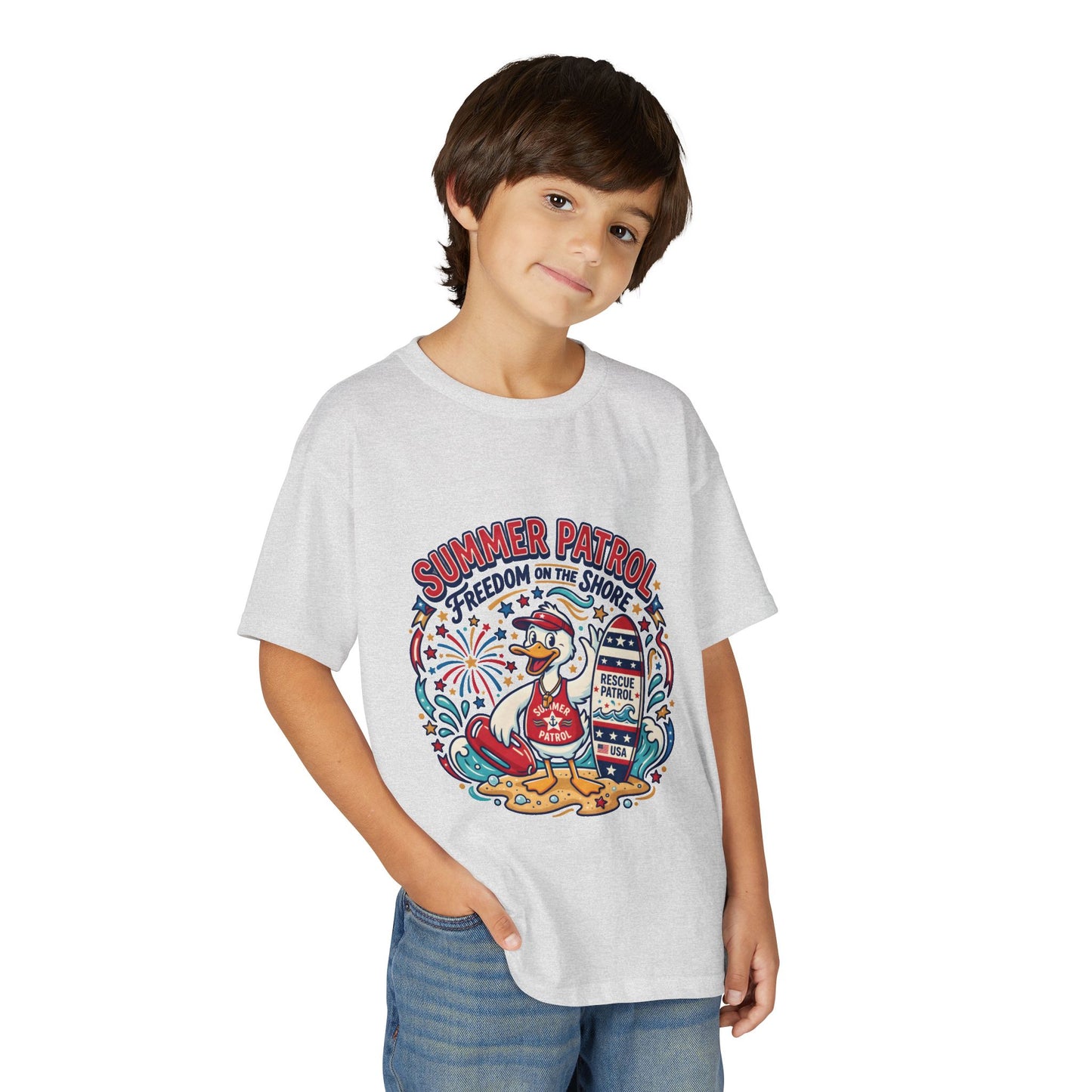 Summer Patrol Kids T‑Shirt — Lifeguard Duck Beach Graphic, 4th of July Tee