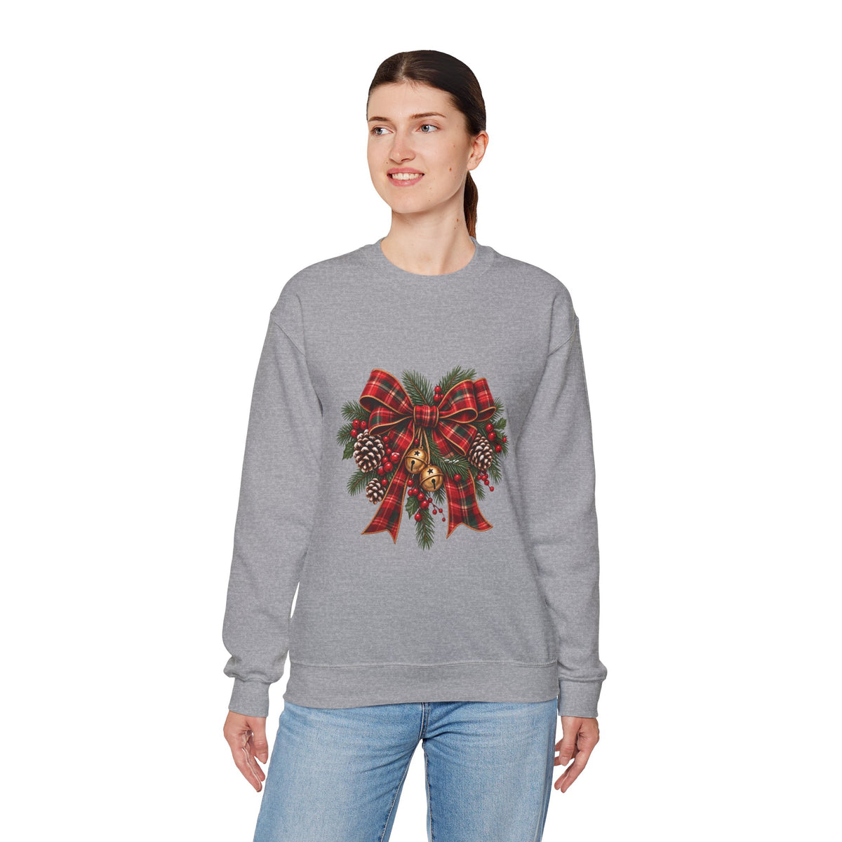 Christmas Plaid Bow Sweatshirt - Holiday Pinecone & Jingle Bells Crewneck