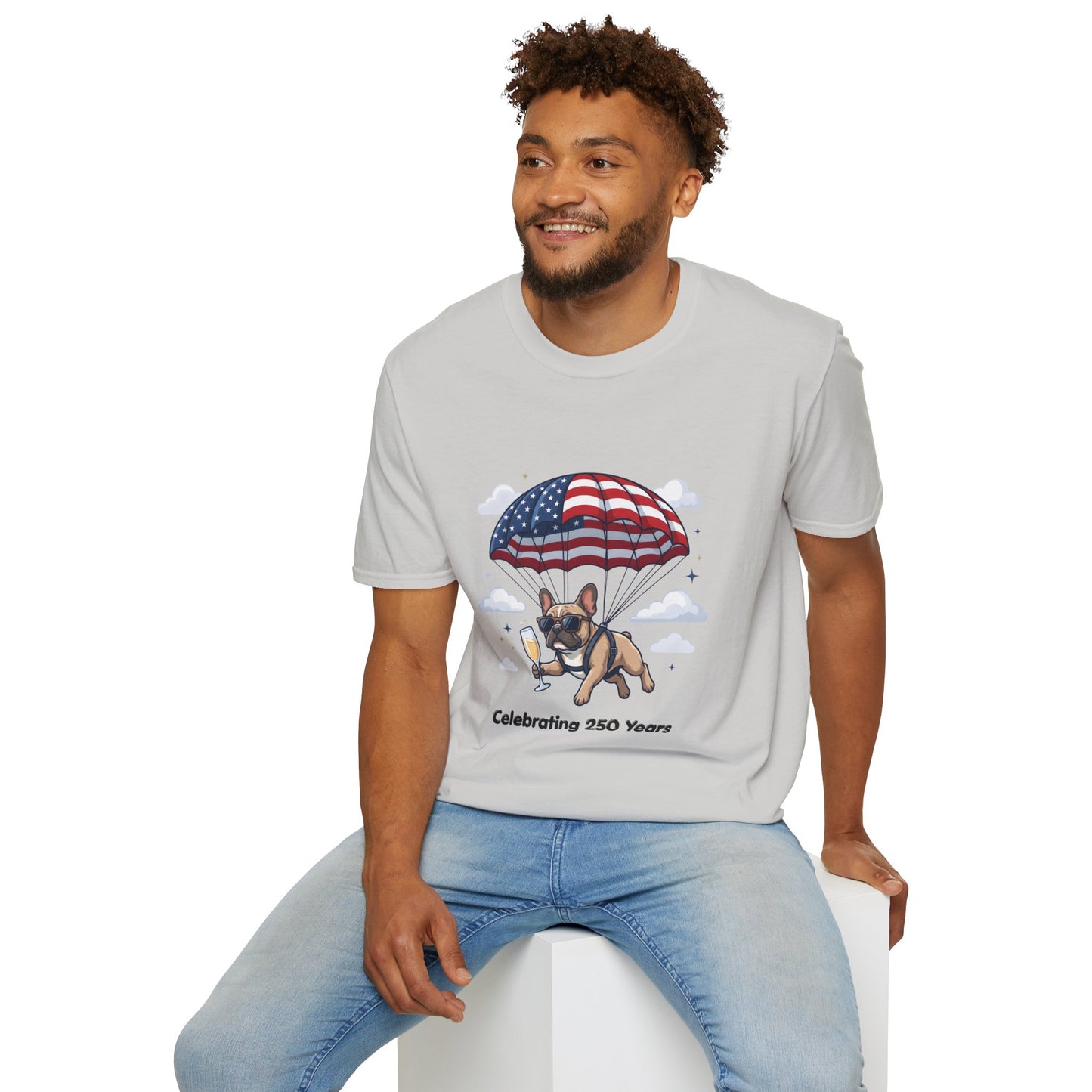 Patriotic French Bulldog T-Shirt — "Celebrating 250 Years" Parachute Design