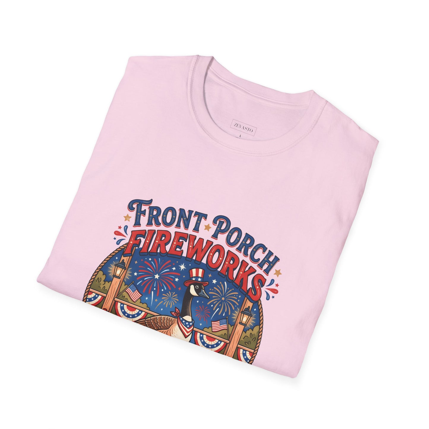 Front Porch Fireworks, Goose T-Shirt — Patriotic 4th of July Celebration Tee