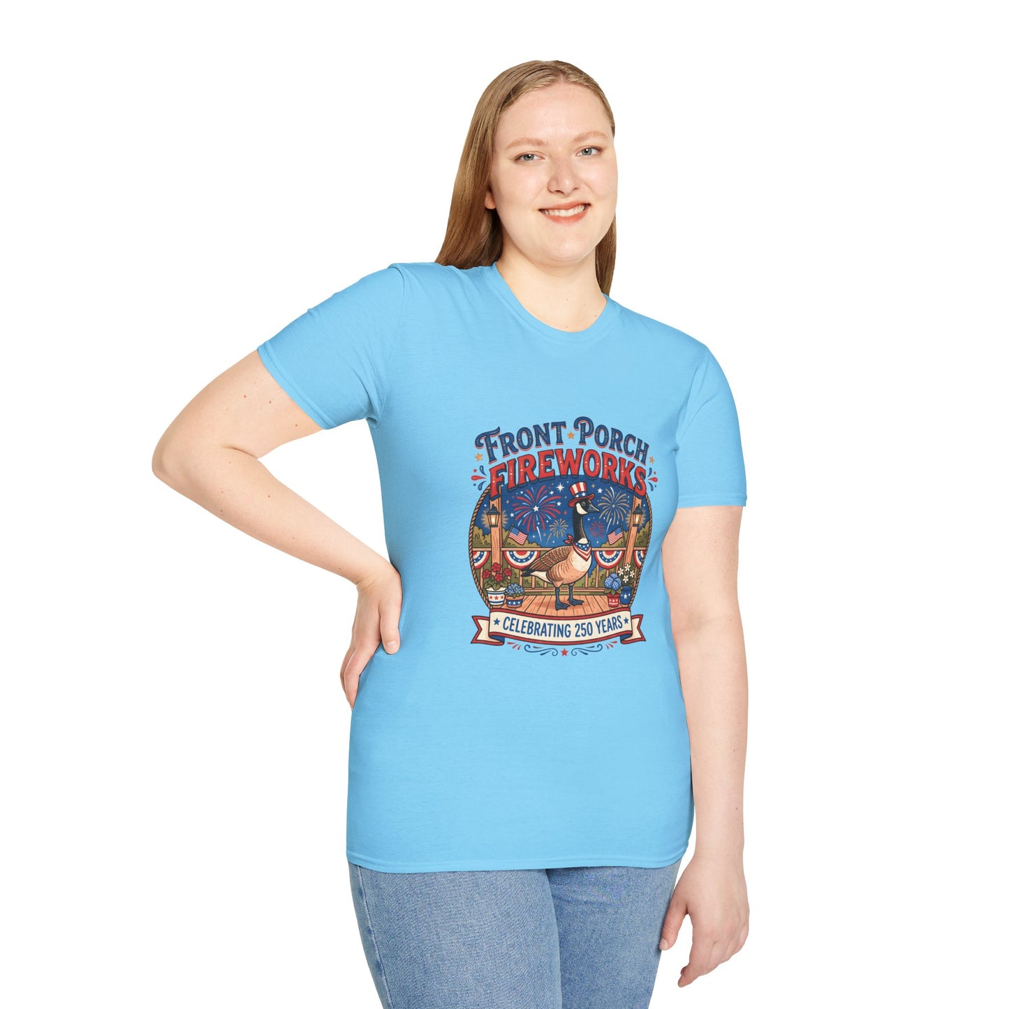 Front Porch Fireworks, Goose T-Shirt — Patriotic 4th of July Celebration Tee