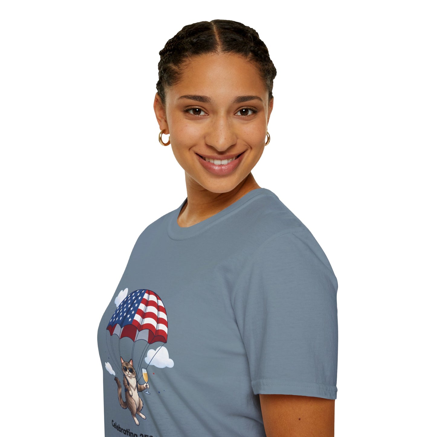 Patriotic Cat Parachute T-Shirt — "Celebrating 250 Years" 4th of July Tee