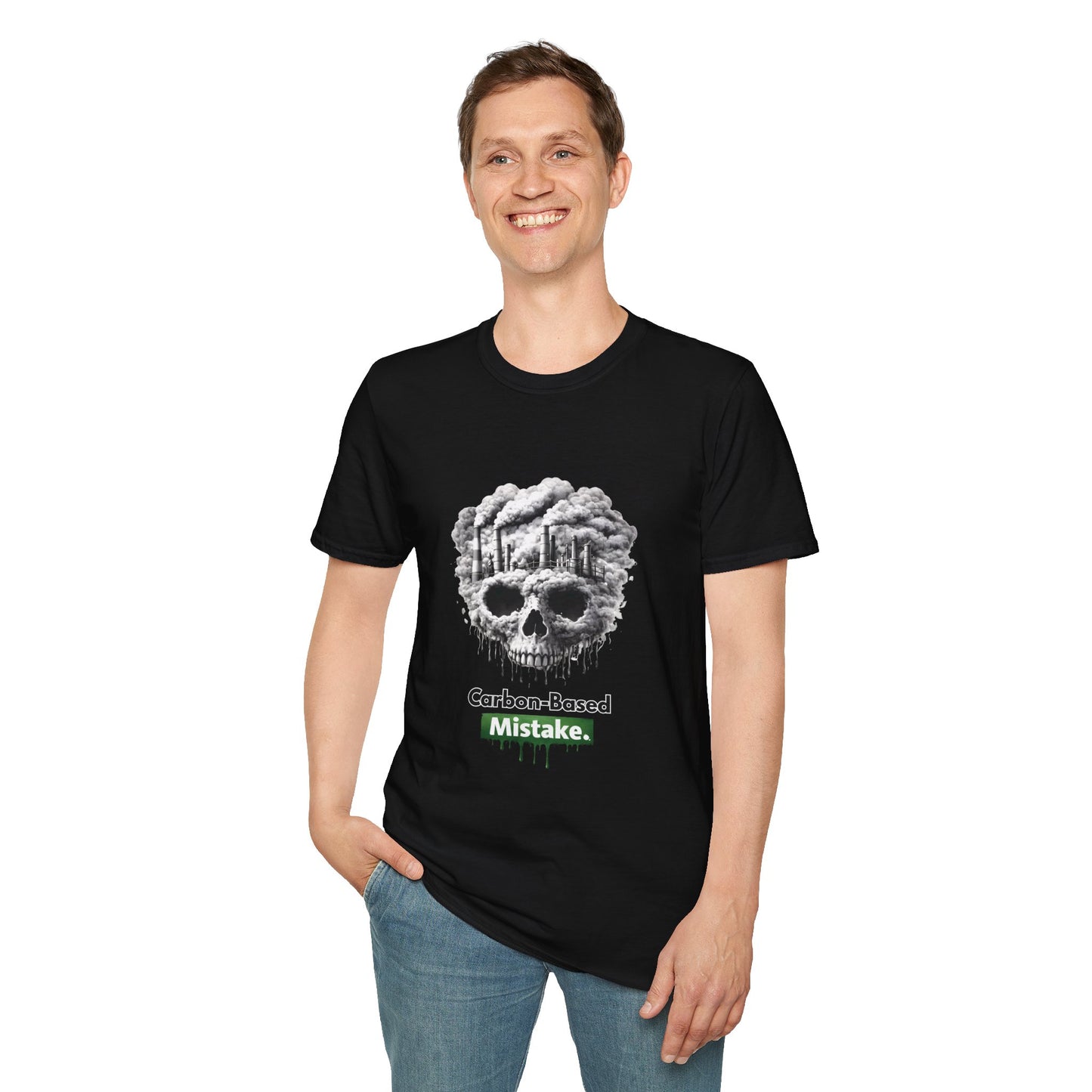Carbon-Based Mistake Skull T-Shirt — Dark Humor Graphic Tee for Earth Day
