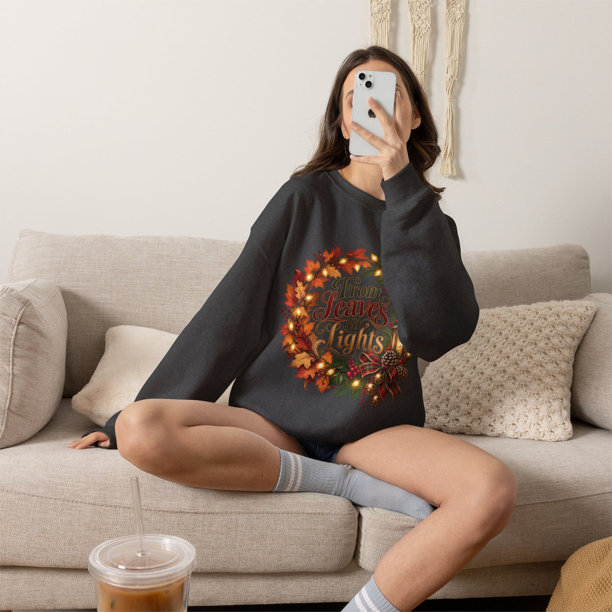 Christmas Crewneck Sweatshirt — "From Leaves to Lights" Autumn to Holiday Wreath Design
