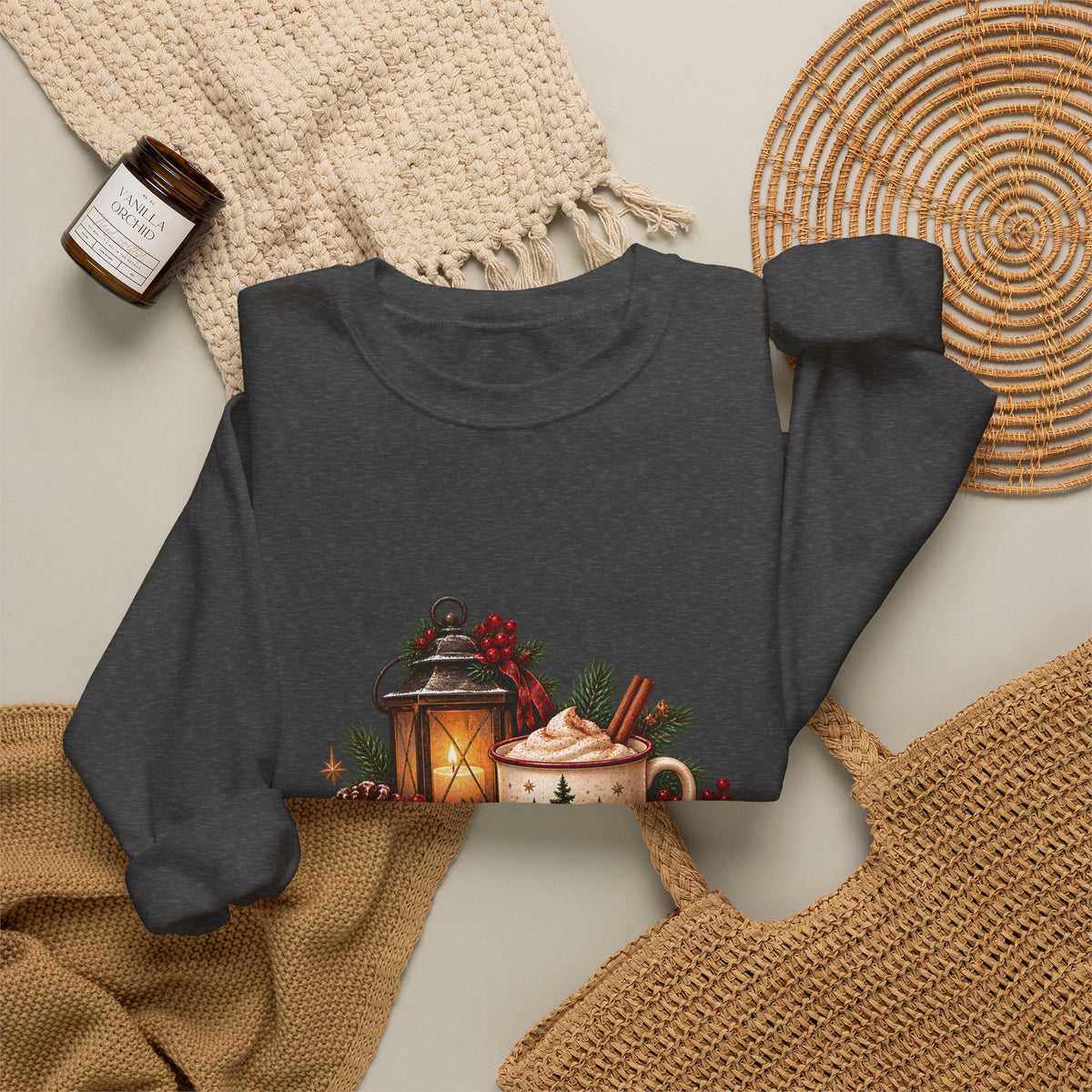 Cinnamon & Pine Crewneck Sweatshirt — Cozy Holiday Lantern Design Sweatshirt