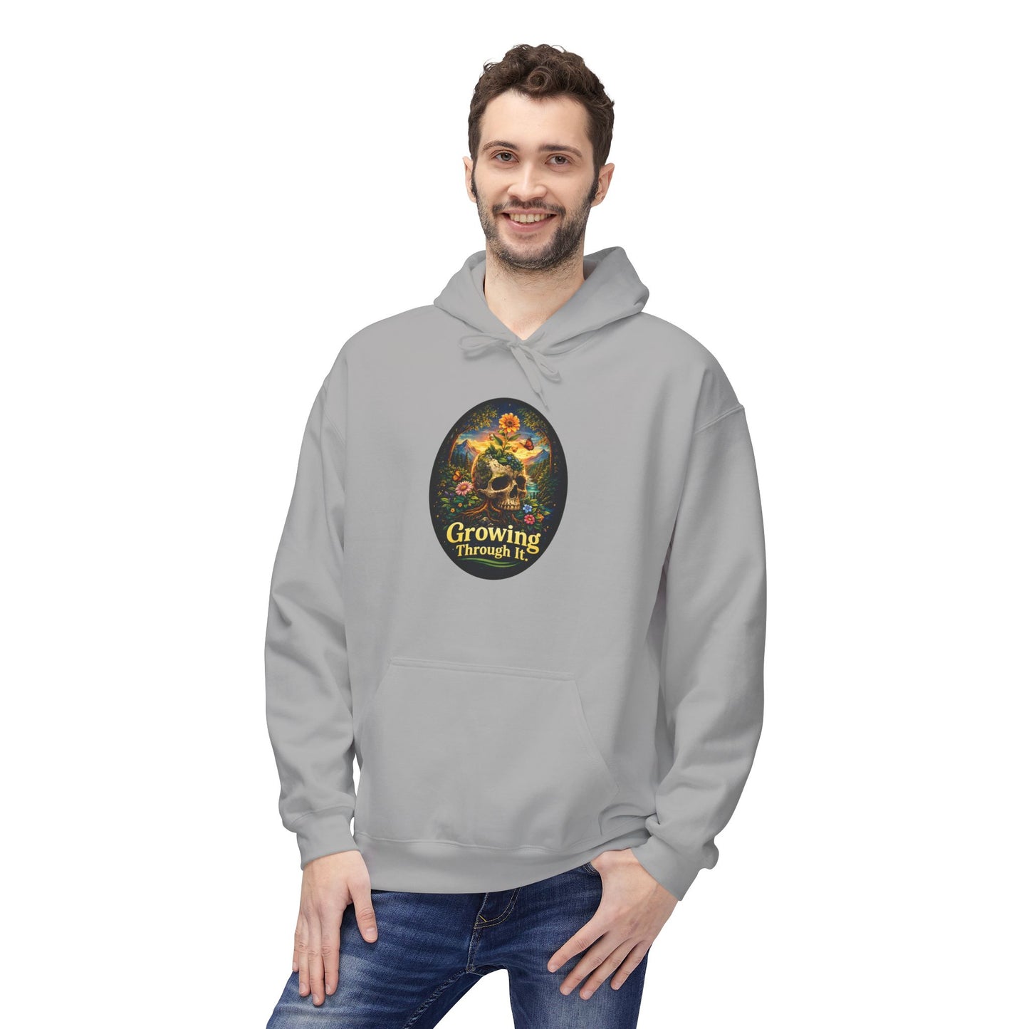 Growing Through It Hoodie – Earth Day Nature Skull Sweatshirt | Mental Growth & Healing Hoodie | Botanical Aesthetic Unisex Hoodie