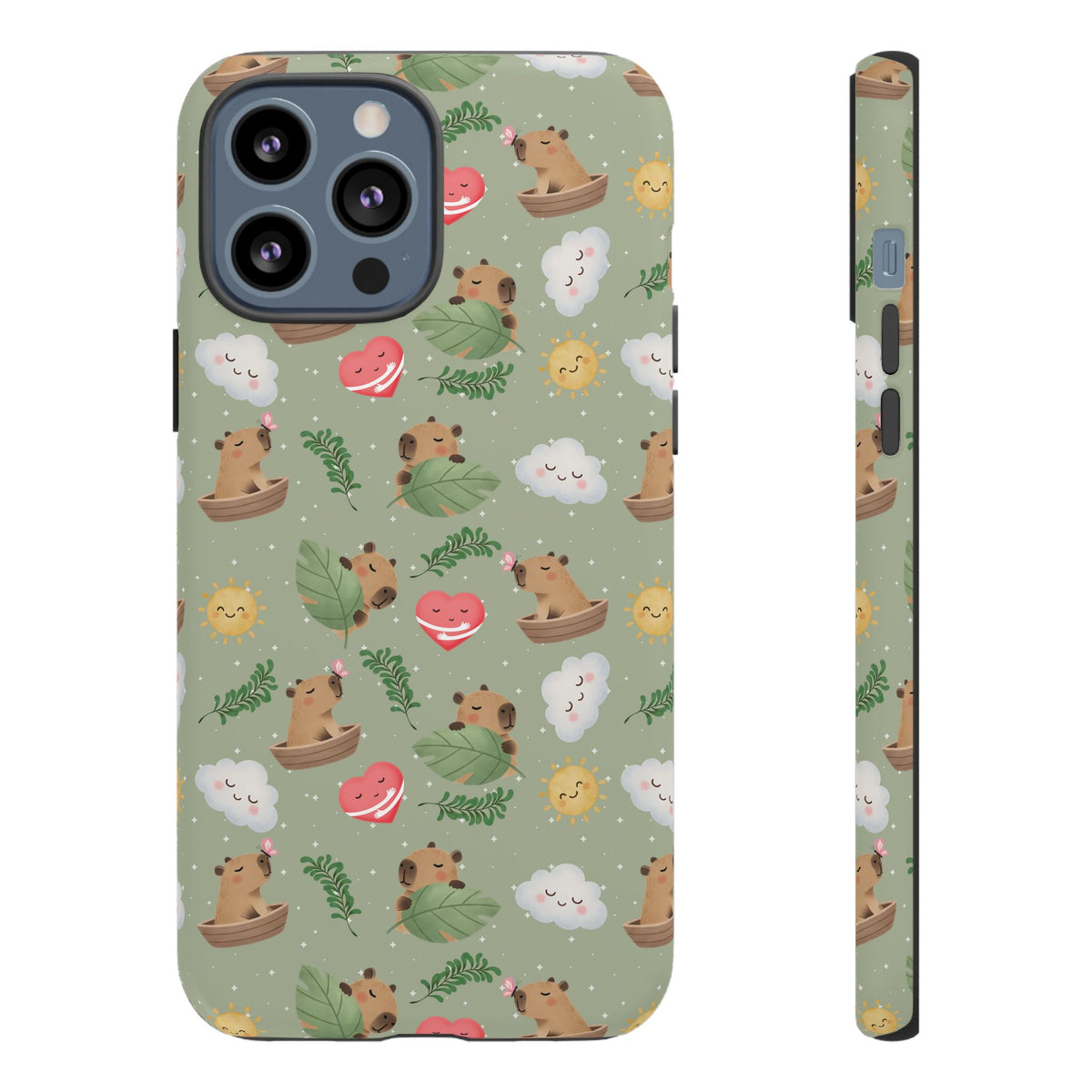 Cute Capybara Pattern Phone Case — Green Botanical Tough Case