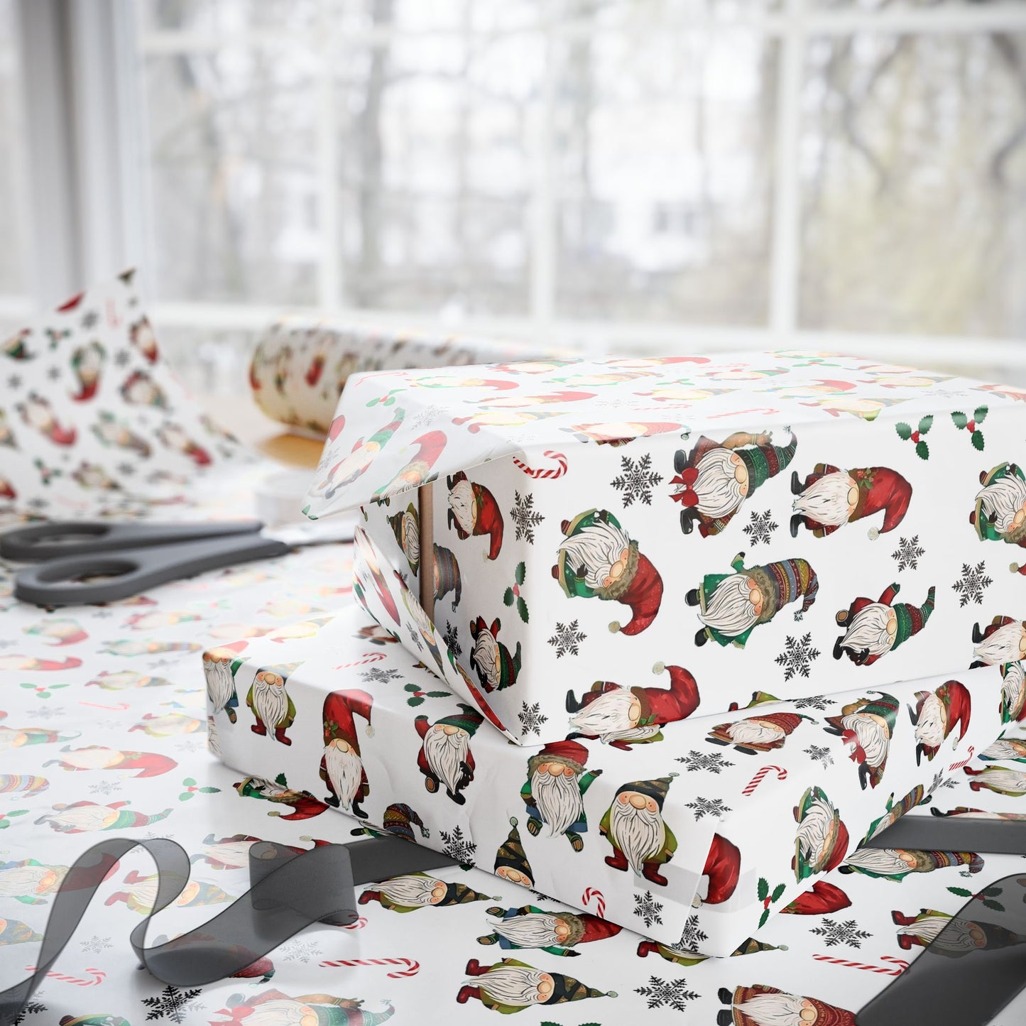 Christmas Gift Wrap Paper, Festive Wrapping Paper Roll with Whimsical Gnomes