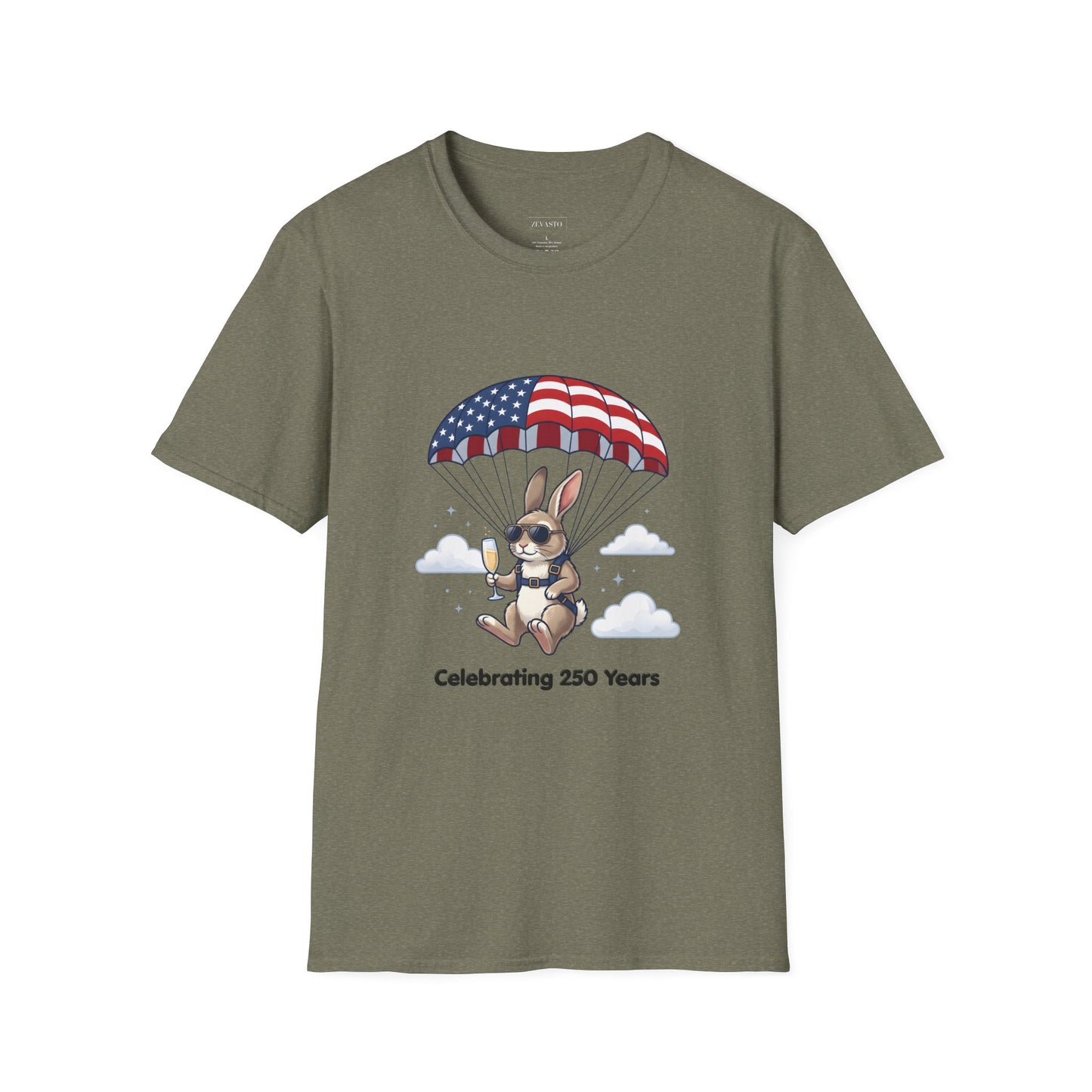 Patriotic Parachuting Bunny T-Shirt — "Celebrating 250 Years"