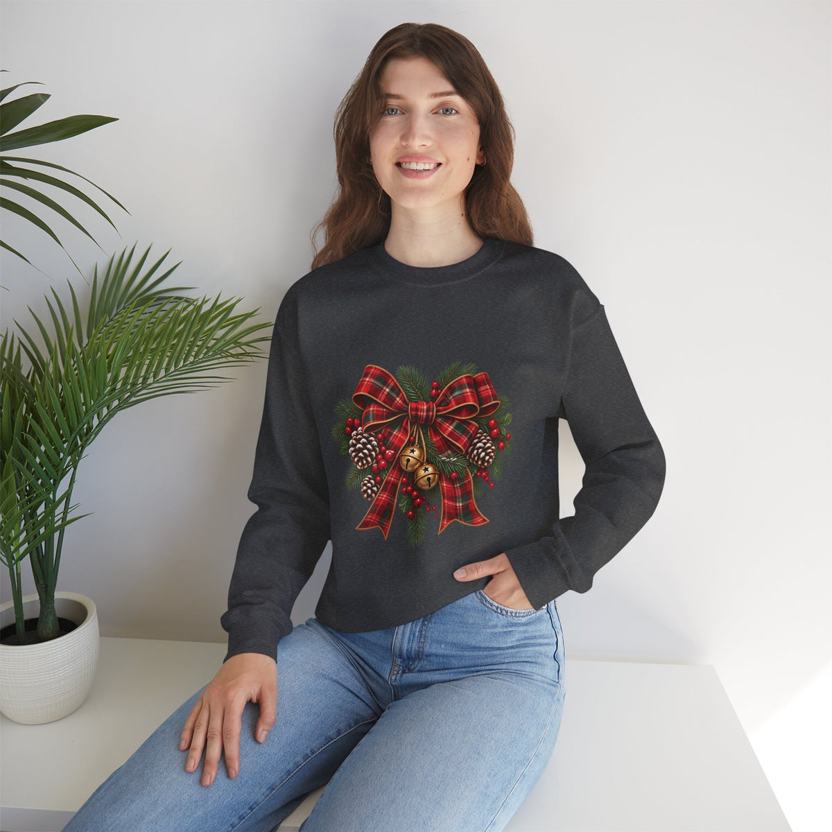Christmas Plaid Bow Sweatshirt - Holiday Pinecone & Jingle Bells Crewneck