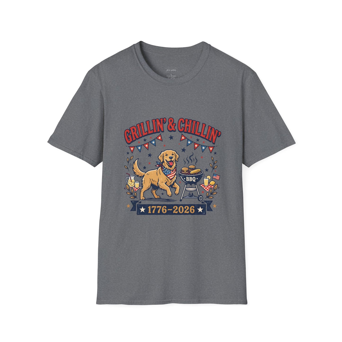 Grillin' & Chillin' BBQ Dog T-Shirt — 1776-2026 Patriotic Summer Tee, 4th of July Shirt, Independence Day Tee