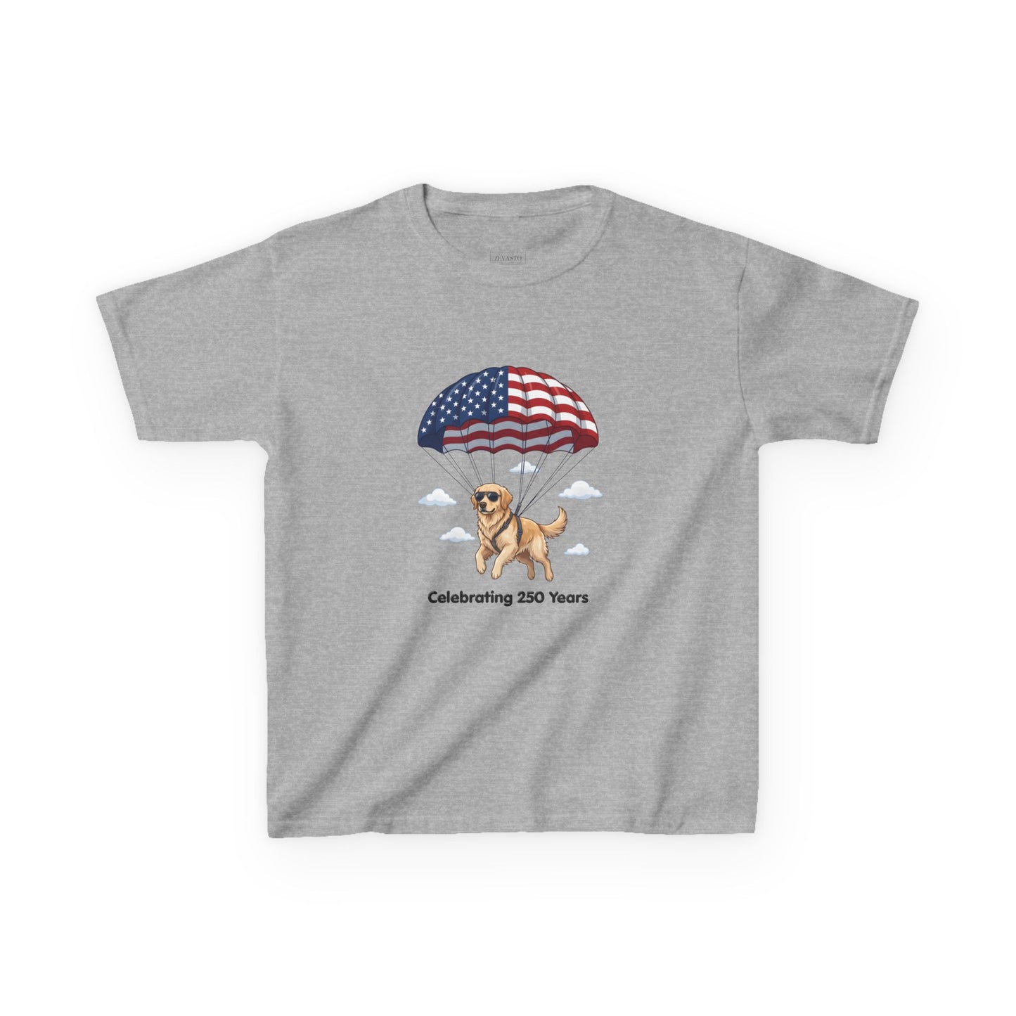 Kids Tee — Dog with Parachute, "Celebrating 250 Years" (Patriotic Fourth of July)