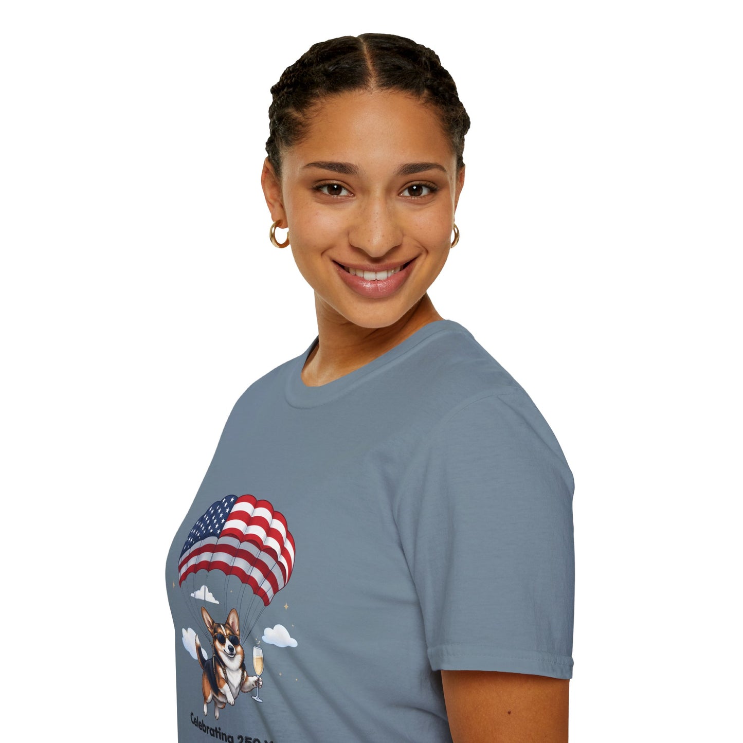 Corgi Parachute American Flag T-Shirt — "Celebrating 250 Years" Patriotic Tee