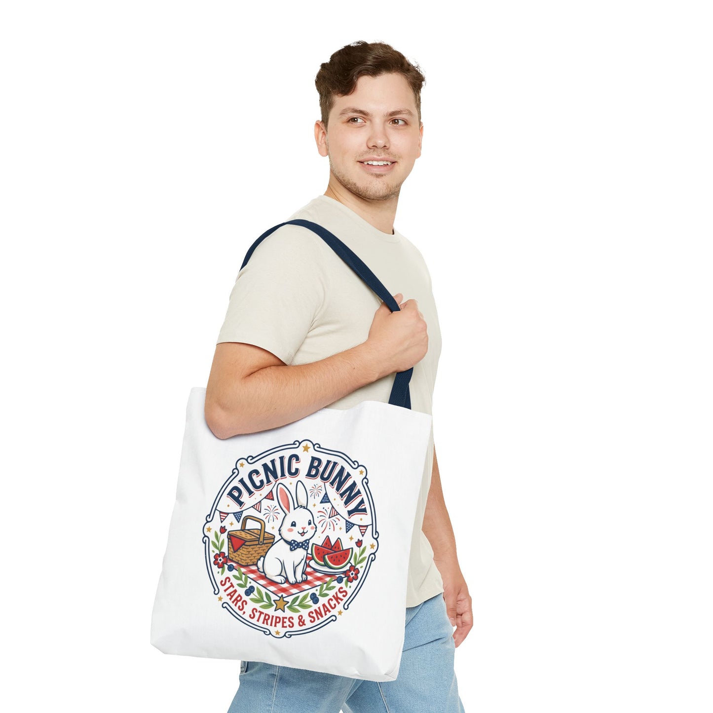 Patriotic Picnic Bunny Tote Bag — ‘Stars, Stripes & Snacks’ Cute Rabbit Picnic Tote, 4th of July Tote
