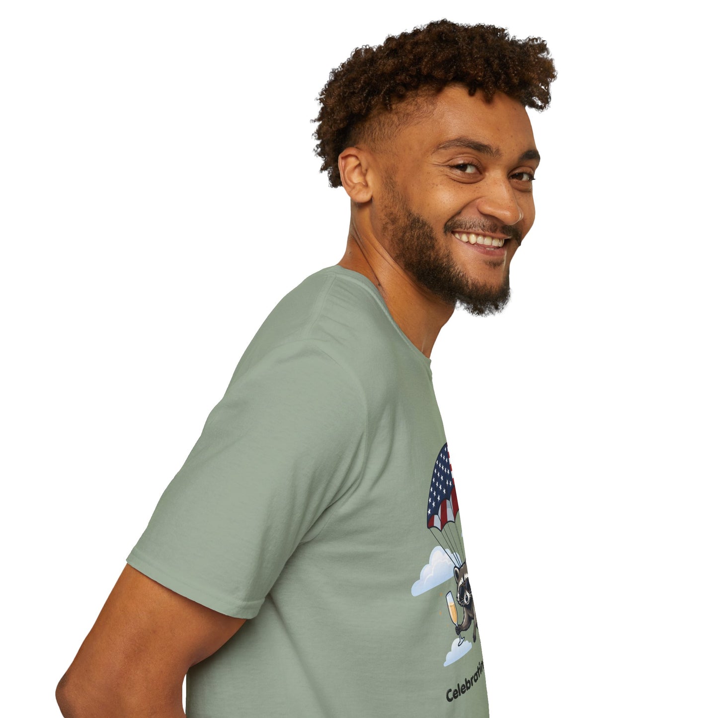 Patriotic Parachuting Raccoon T-Shirt — "Celebrating 250 Years"
