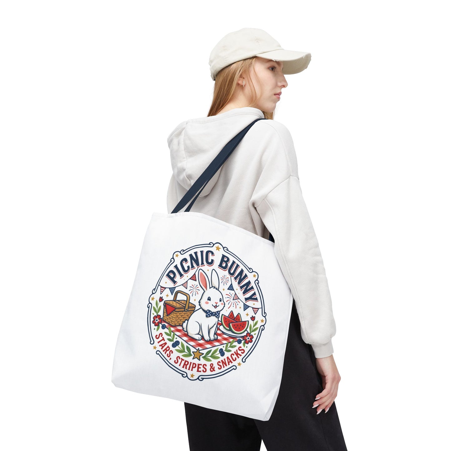Patriotic Picnic Bunny Tote Bag — ‘Stars, Stripes & Snacks’ Cute Rabbit Picnic Tote, 4th of July Tote