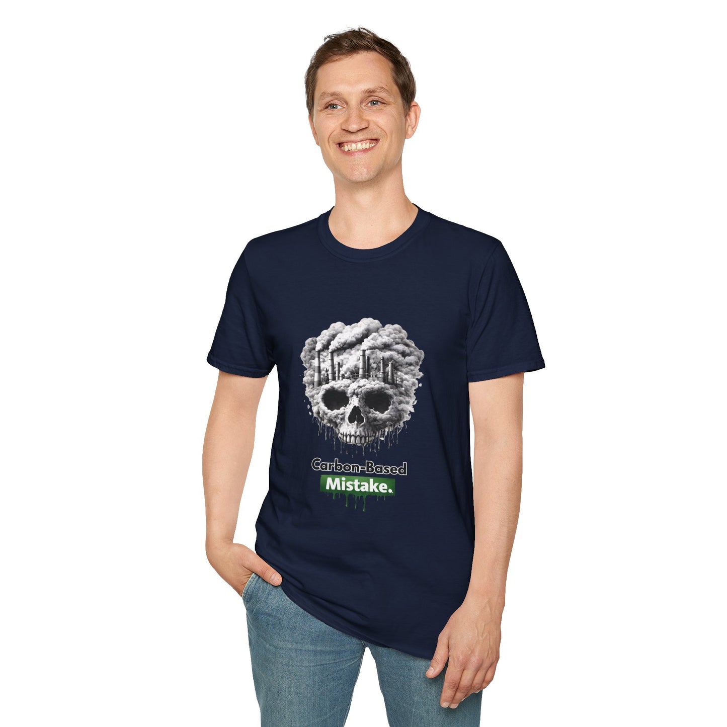 Carbon-Based Mistake Skull T-Shirt — Dark Humor Graphic Tee for Earth Day