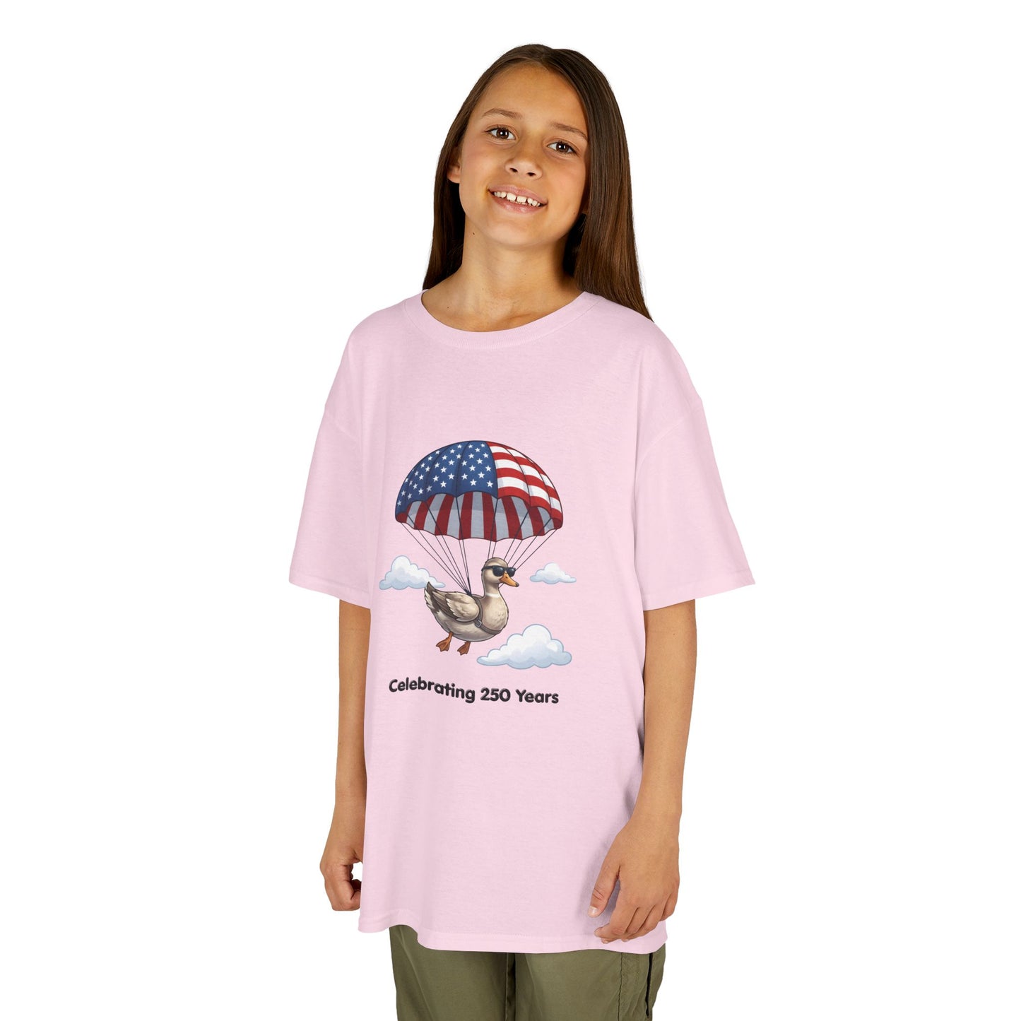 Kids Tee — Parachuting Duck, "Celebrating 250 Years"