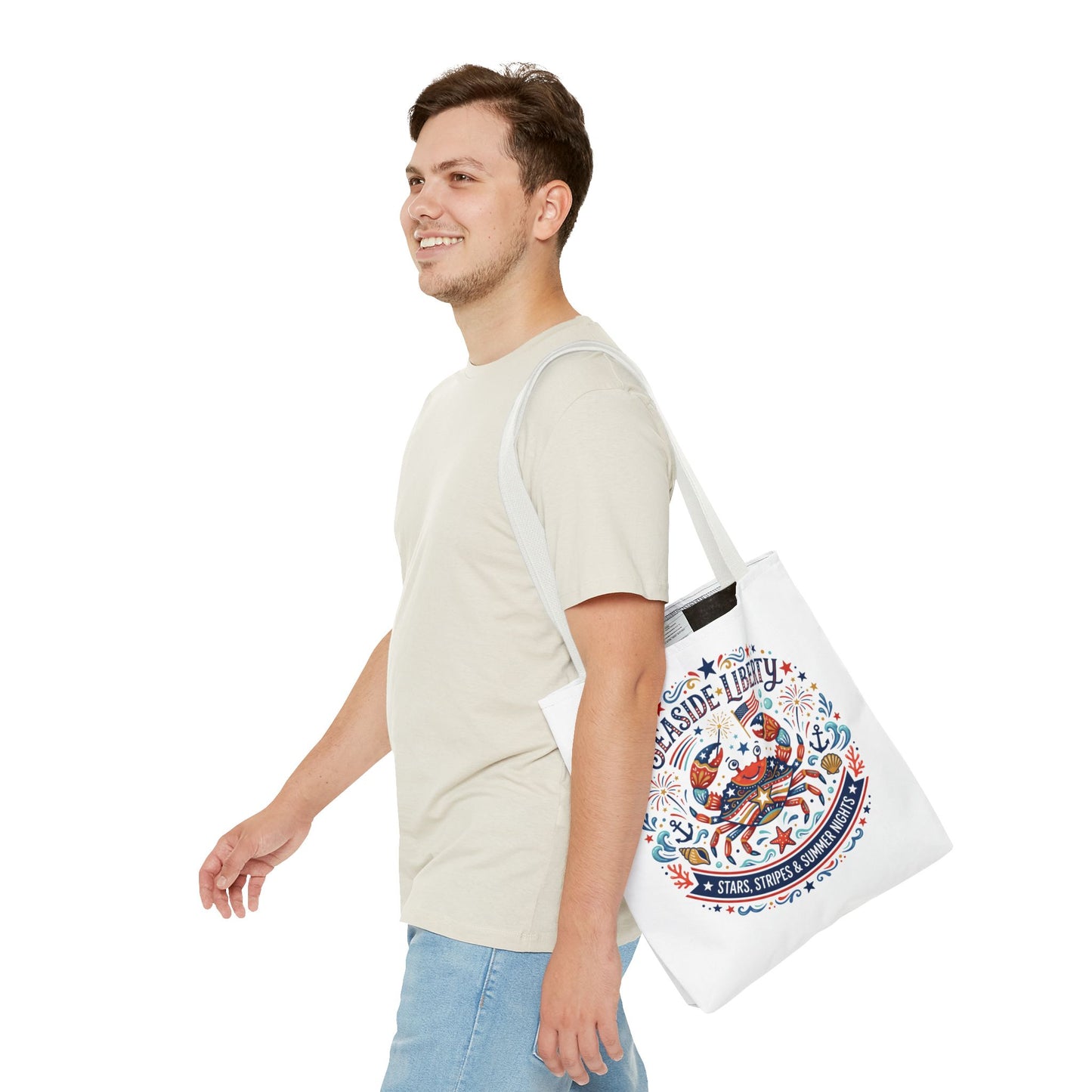 Seaside Liberty Tote Bag — 4th of July, Patriotic Bag "Stars, Stripes & Summer Nights"