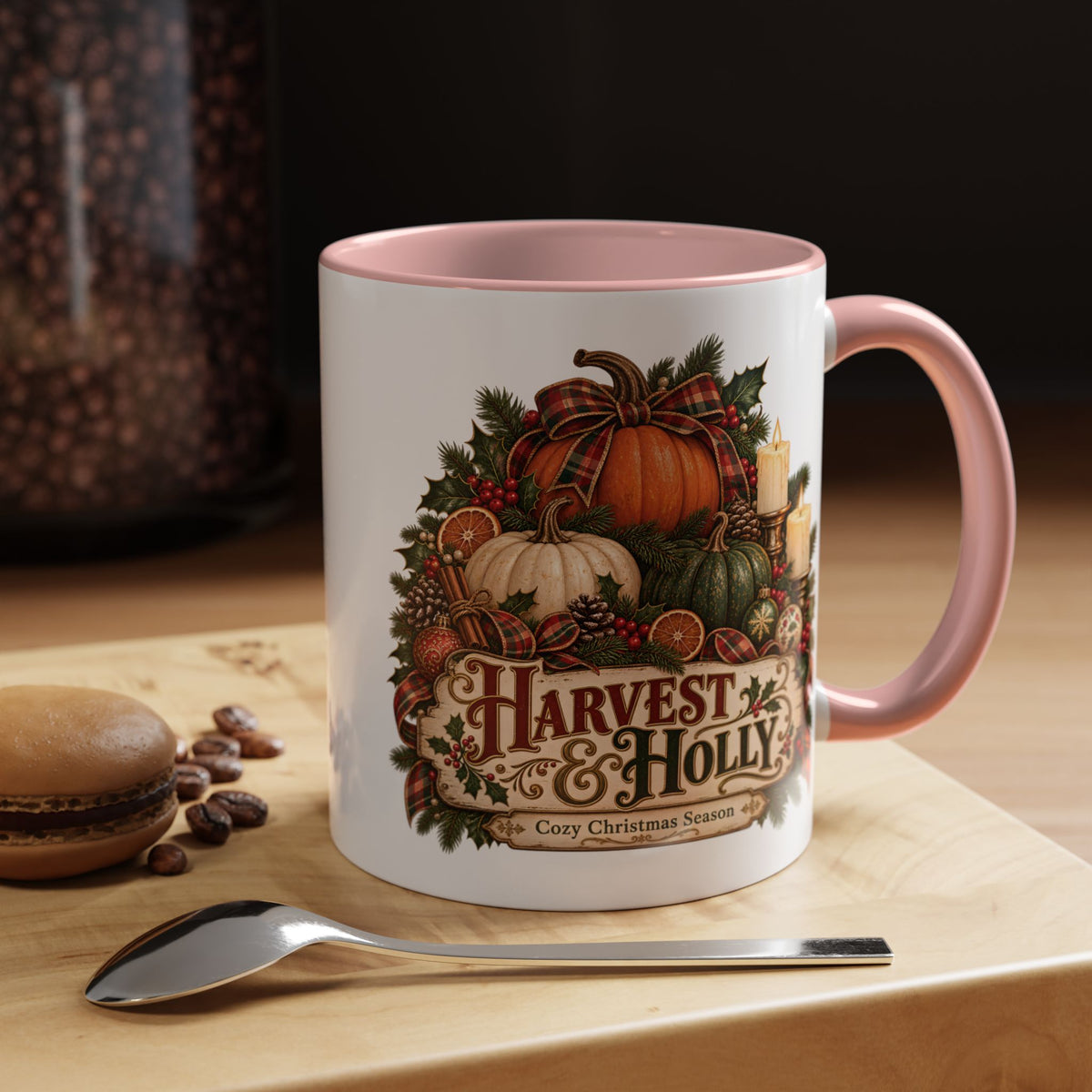 Harvest & Holly Accent Coffee Mug - Vintage Christmas Holiday Mug (11 oz)
