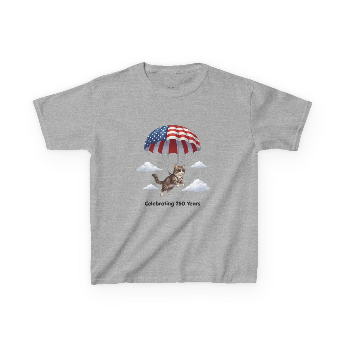 Kids Patriotic Parachuting Cat Tee — "Celebrating 250 Years"