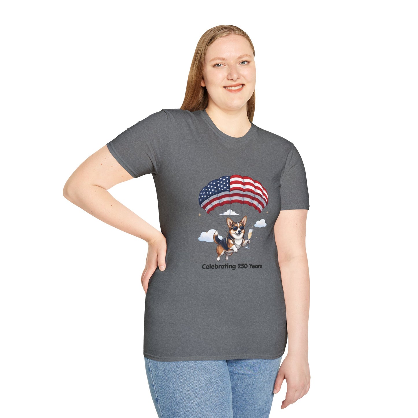 Corgi Parachute American Flag T-Shirt — "Celebrating 250 Years" Patriotic Tee