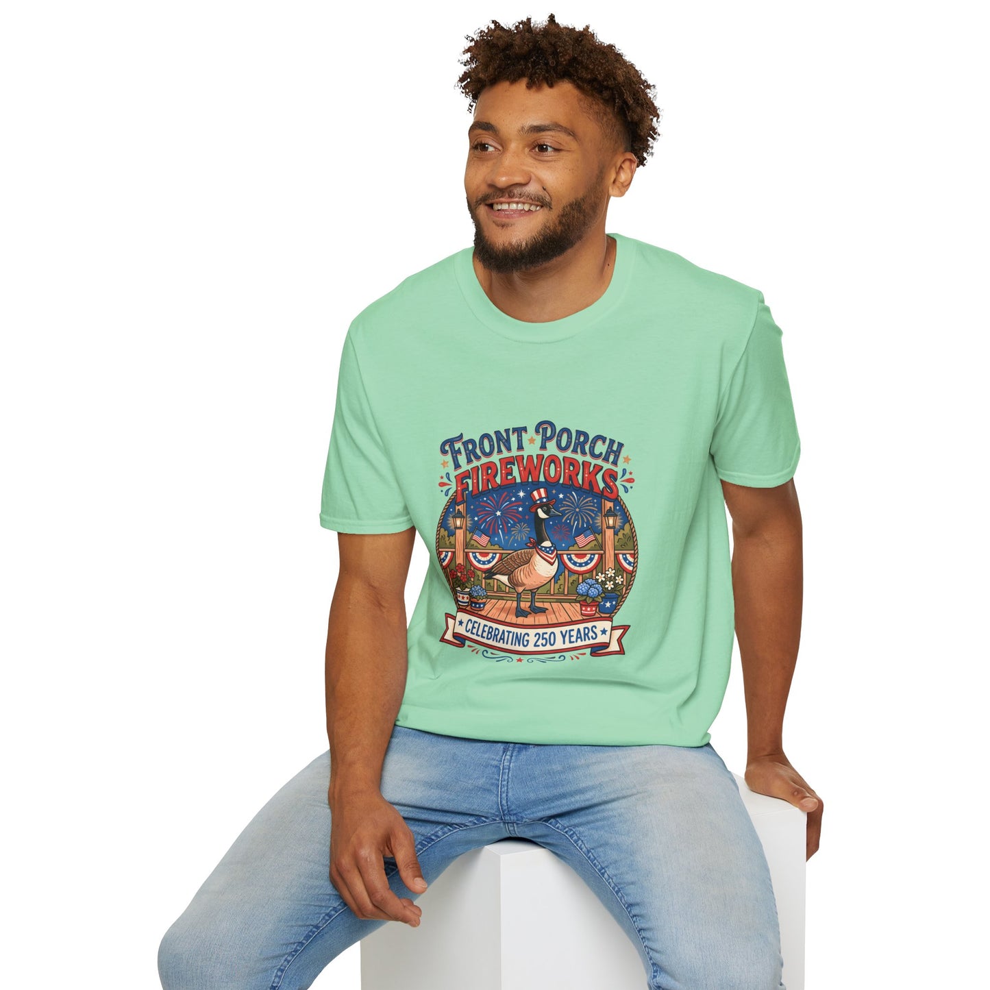 Front Porch Fireworks, Goose T-Shirt — Patriotic 4th of July Celebration Tee