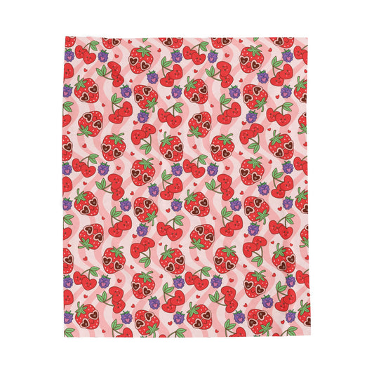 Strawberry Pattern Velveteen Plush Blanket – Cute Pink Fruit Throw for Valentine's Day, Baby Shower, Birthday Gift
