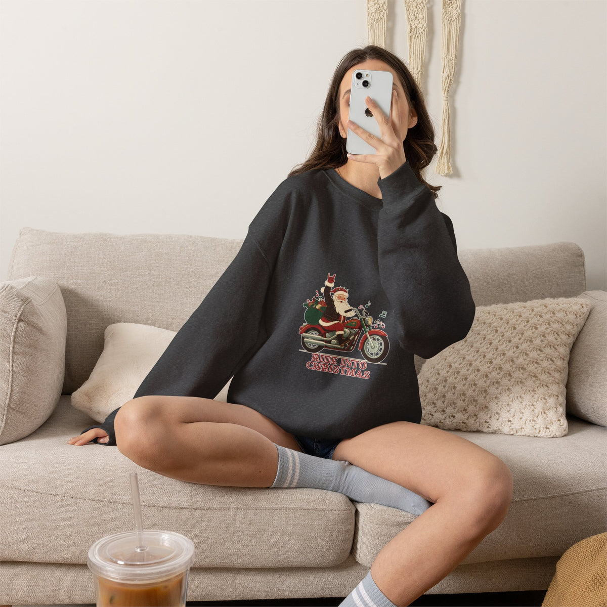 Christmas Motorcycle Sweatshirt - "Ride Into Christmas" Santa Biker Holiday Crewneck