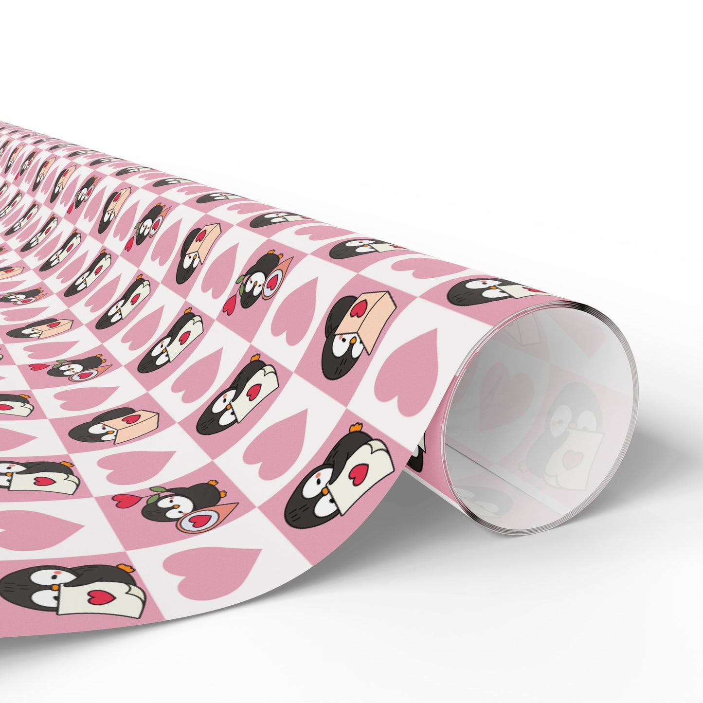 Penguin Hearts Wrapping Paper Roll — Pink Valentine Gift Wrap