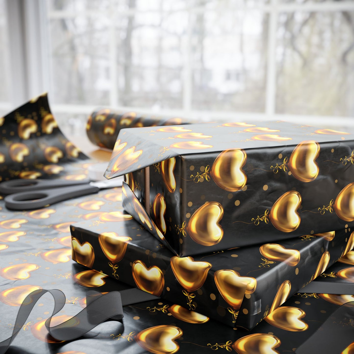 Gold Heart Pattern Wrapping Paper — Black & Metallic Gift Wrap for Valentine’s, Anniversaries, Weddings