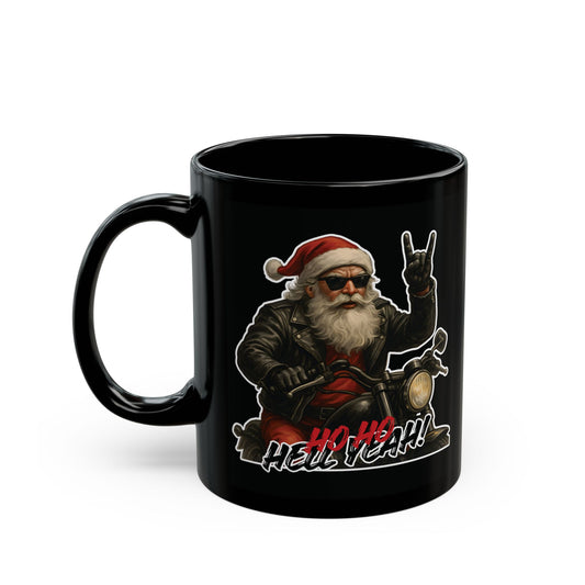 Rockin' Santa Christmas Mug — "Ho Ho Hell Yeah!" Black Ceramic Coffee Cup (11oz, 15oz)