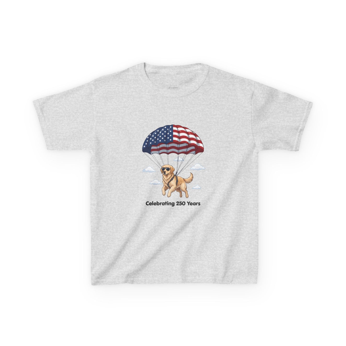Kids Tee — Dog with Parachute, "Celebrating 250 Years" (Patriotic Fourth of July)