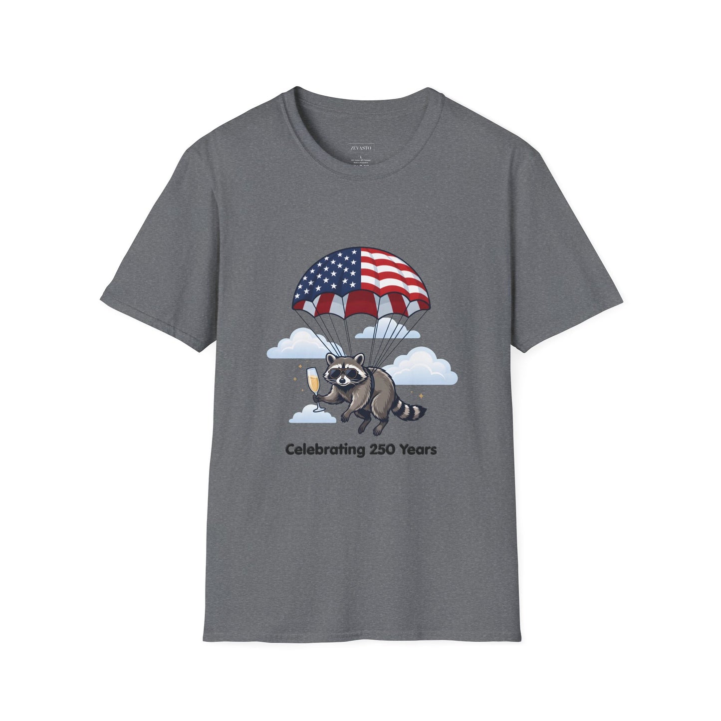 Patriotic Parachuting Raccoon T-Shirt — "Celebrating 250 Years"