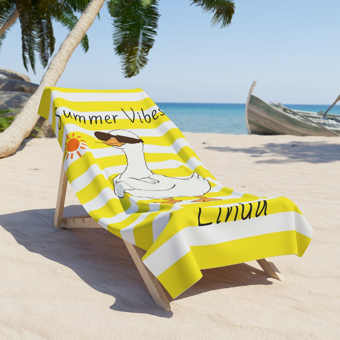 Personalized 'Summer Vibes' Yellow Stripe Beach Towel - Custom Name Towel